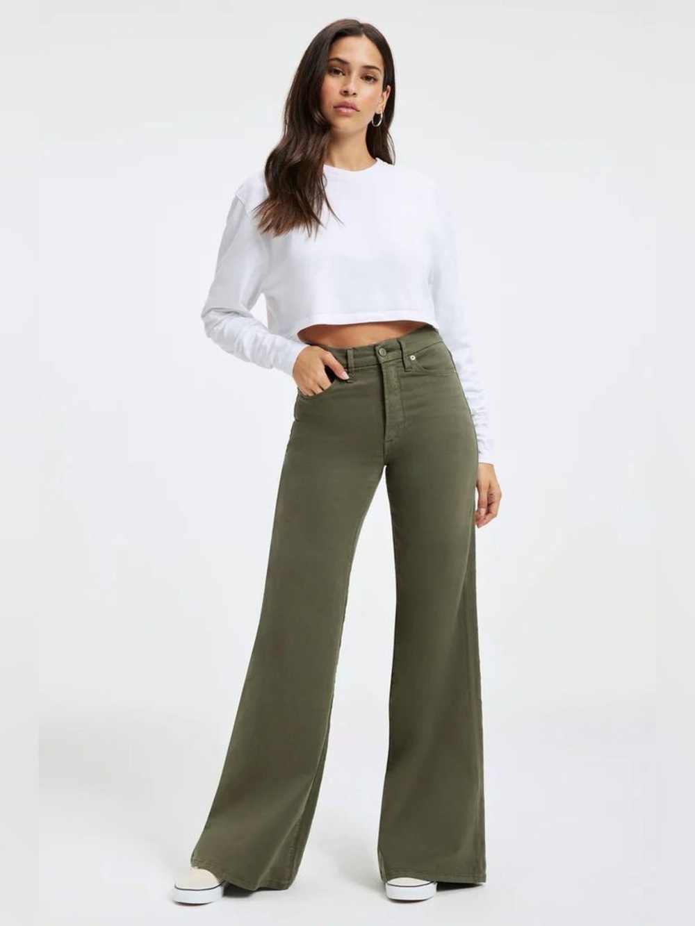Good American Good Waist Palazzo Wide Leg Jeans 12 31 green fern stretch retro